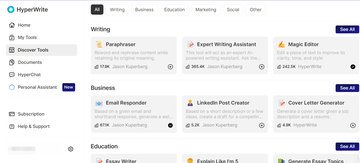 HyperWriter provides an extensive array of small tools for generating content in areas such as writing, business, education, social interaction, and marketing.