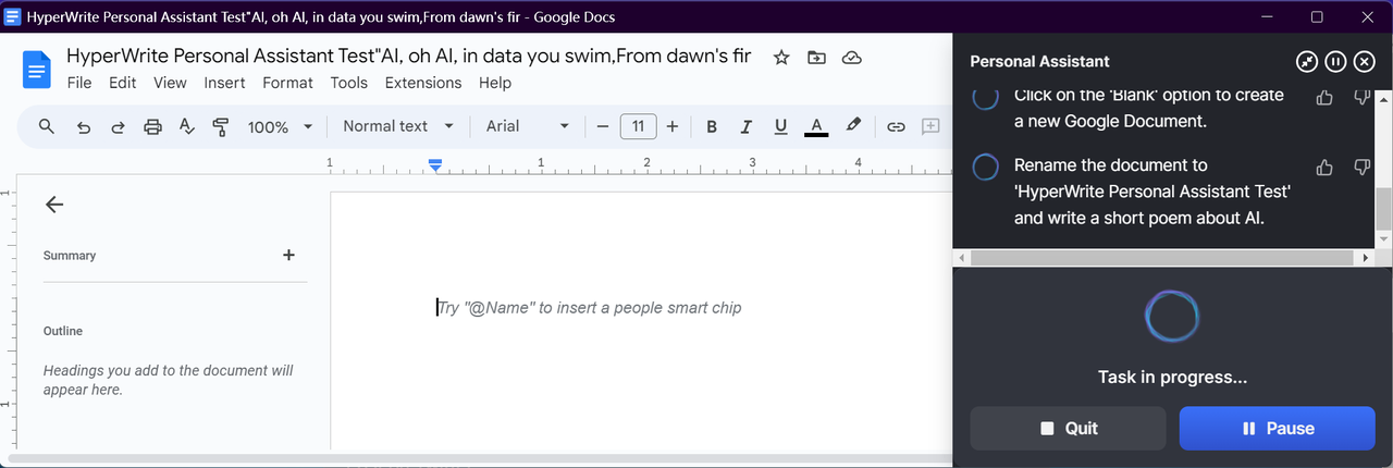 For instance, by simply inputting: 'Create a new Google Document, title it HyperWrite Personal Assistant Test, and then in the Doc write a short poem about AI,' the plugin will carry out the action for you once you've granted authorization.