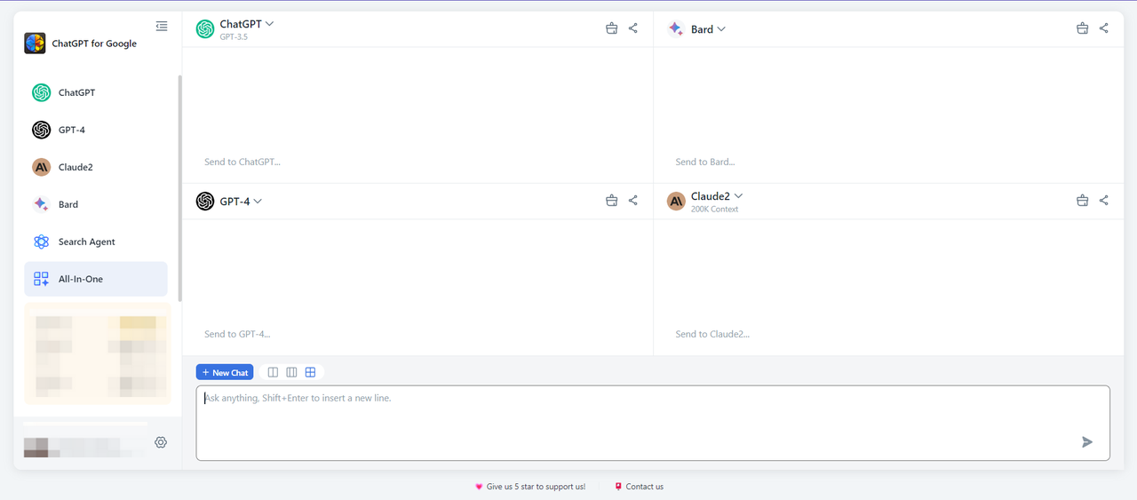 You can use ChatGPT-4, ChatGPT-3.5, Bard, Claude2 in one time.