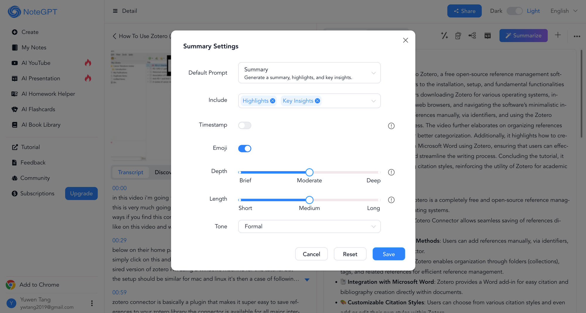 Choose summary types in NoteGPT