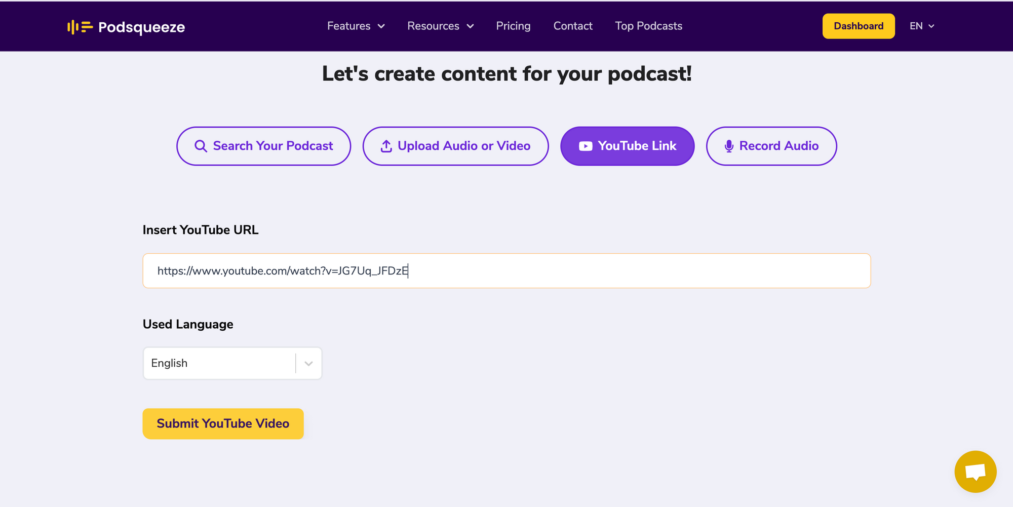 Input of Podcast in Podsqueeze